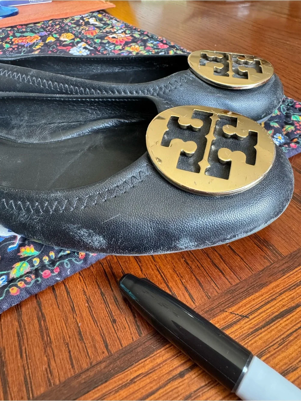 Tory Burch Leather Flat Black Ballet Shoe Women Size 9 M Made In Brazil Gold